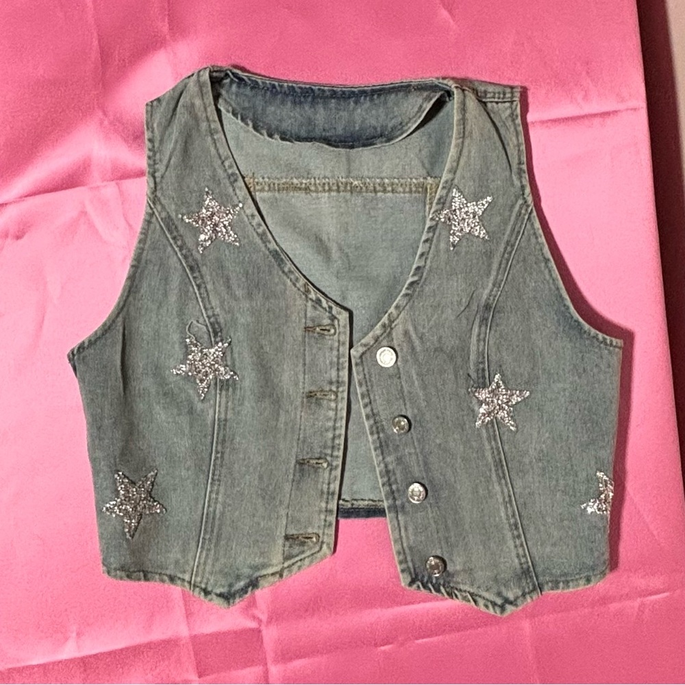 SHEIN Denim Vest with Silver Star Accents